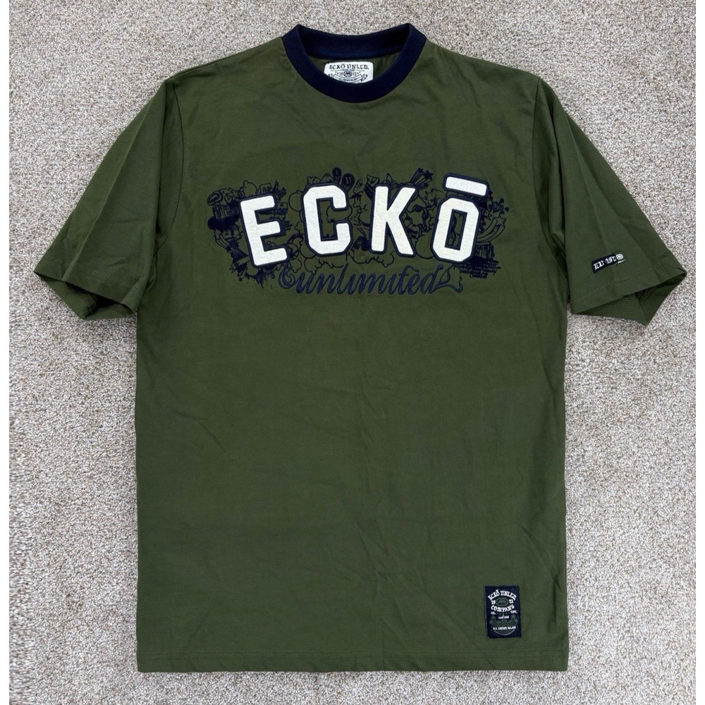 Vintage Ecko Unltd. Felt Letter Tee Men's L Green Rhino Downrock Power Moves Y2K